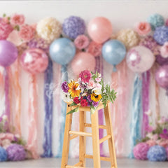 Aperturee - Aperturee Pastel Balloons and Floral Backdrop Pink Purple Blue Flower Wall Banner Birthday Party Bridal Shower Photo Booth