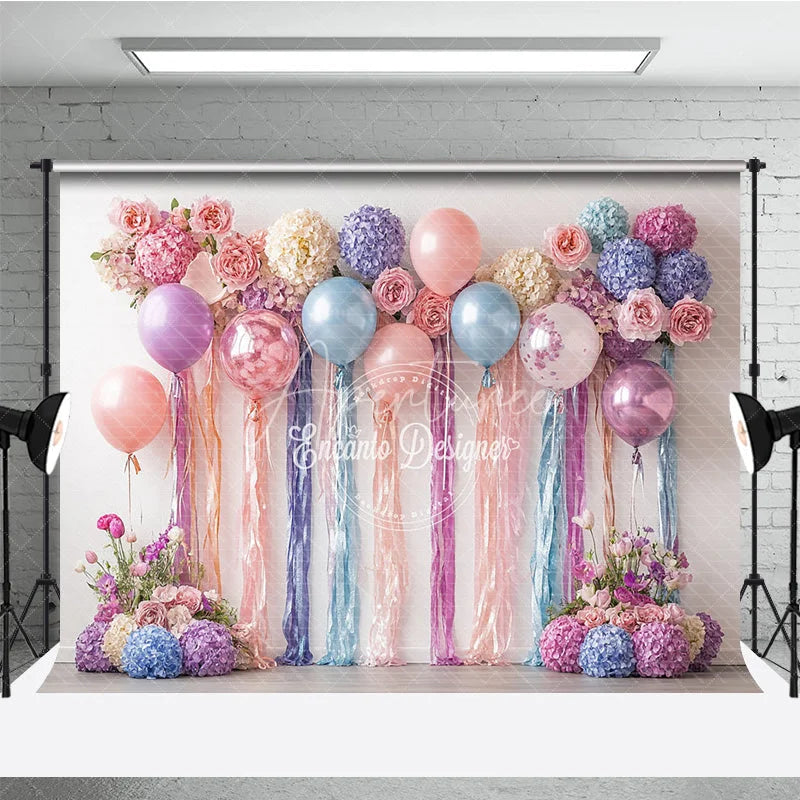 Aperturee - Aperturee Pastel Balloons and Floral Backdrop Pink Purple Blue Flower Wall Banner Birthday Party Bridal Shower Photo Booth