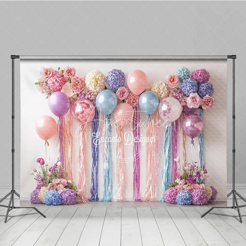 Aperturee - Aperturee Pastel Balloons and Floral Backdrop Pink Purple Blue Flower Wall Banner Birthday Party Bridal Shower Photo Booth
