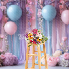 Aperturee - Aperturee Pastel Balloons and Floral Photography Backdrop Pink and Blue Party Decor Wedding or Baby Shower Background