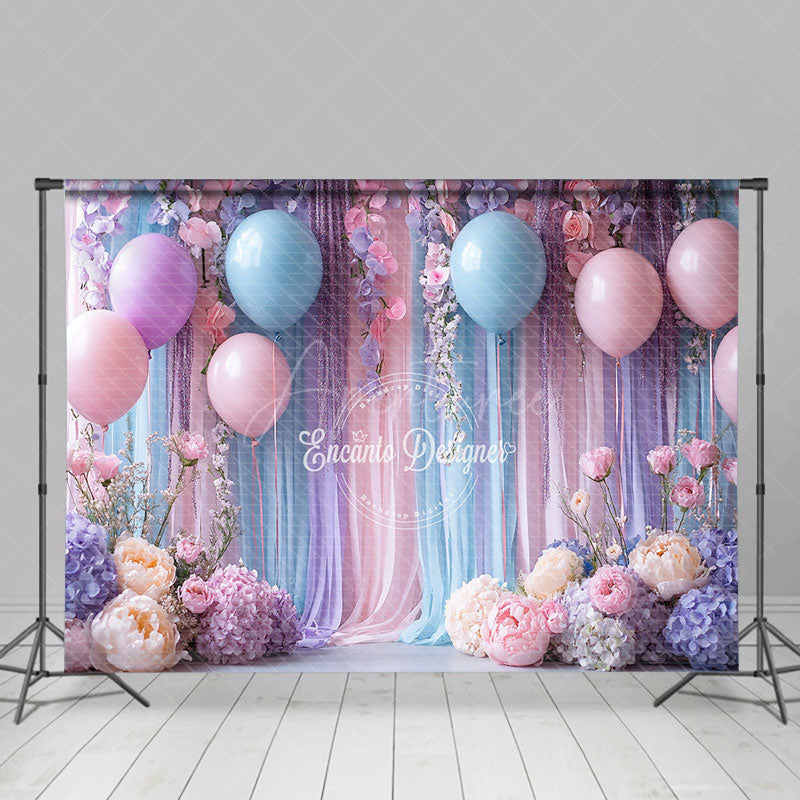 Aperturee - Aperturee Pastel Balloons and Floral Photography Backdrop Pink and Blue Party Decor Wedding or Baby Shower Background