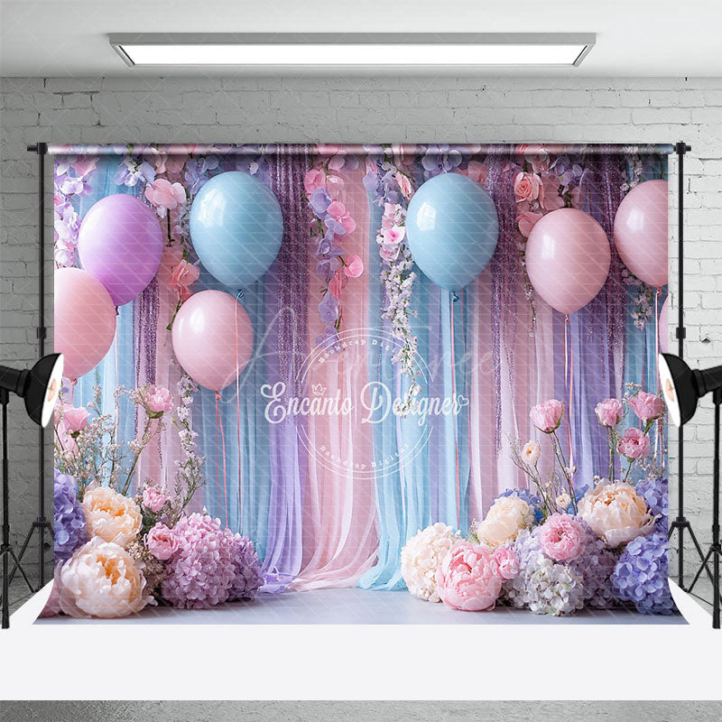 Aperturee - Aperturee Pastel Balloons and Floral Photography Backdrop Pink and Blue Party Decor Wedding or Baby Shower Background