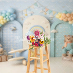 Aperturee - Aperturee Pastel Blue Hot Air Balloon and Airplane Photography Backdrop with Teddy Bear Rainbow and Clouds for Birthday