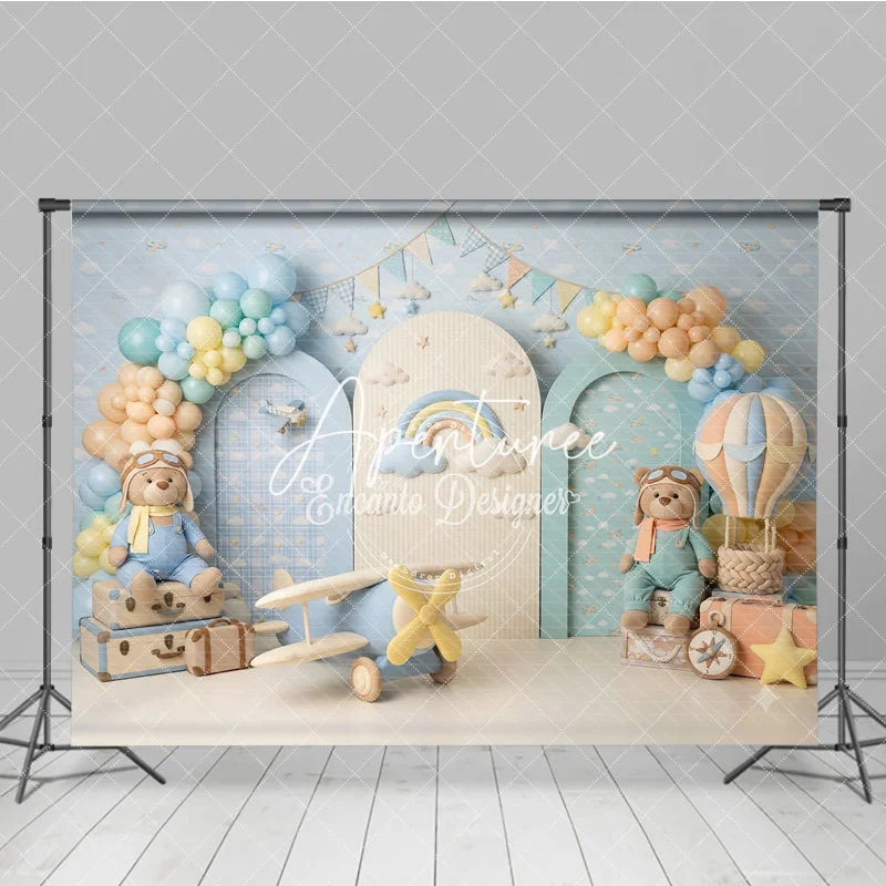 Aperturee - Aperturee Pastel Blue Hot Air Balloon and Airplane Photography Backdrop with Teddy Bear Rainbow and Clouds for Birthday