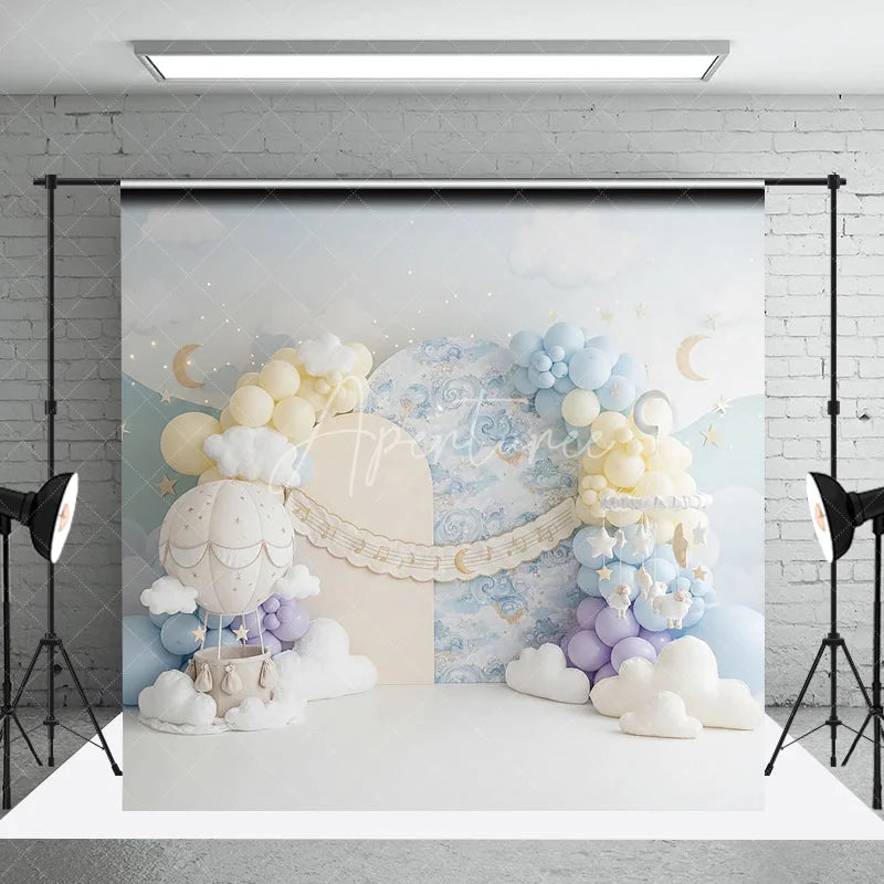 Aperturee - Aperturee Pastel Blue Sky Hot Air Balloon Photography Backdrop Dreamy Clouds Stars Moon Baby Shower Birthday Party Decor