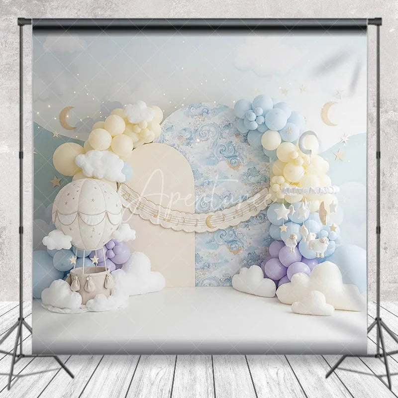 Aperturee - Aperturee Pastel Blue Sky Hot Air Balloon Photography Backdrop Dreamy Clouds Stars Moon Baby Shower Birthday Party Decor