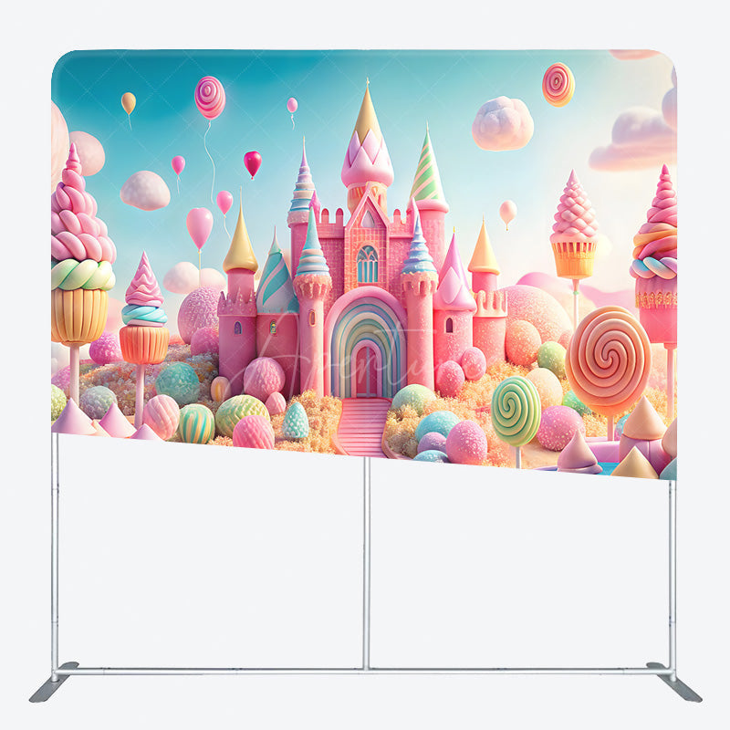 Aperturee - Aperturee Pastel Candyland Castle Tension Fabric Backdrop Sweet Shoppe with Lollipops Cupcakes Princess Birthday Party Photo