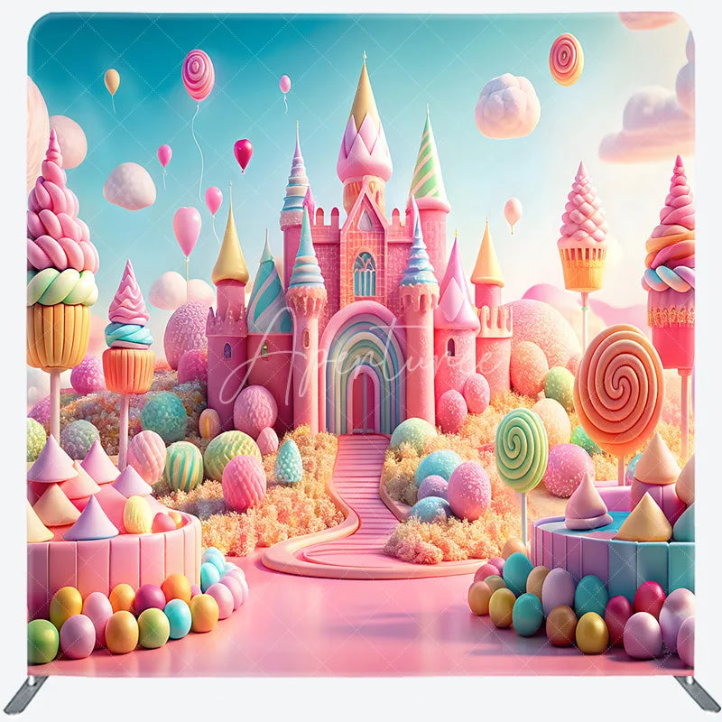 Aperturee - Aperturee Pastel Candyland Castle Tension Fabric Backdrop Sweet Shoppe with Lollipops Cupcakes Princess Birthday Party Photo