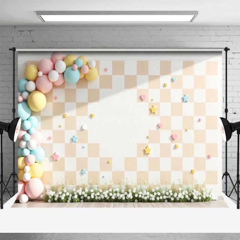 Aperturee - Aperturee Pastel Checkered Balloon Floral Cake Smash Backdrop