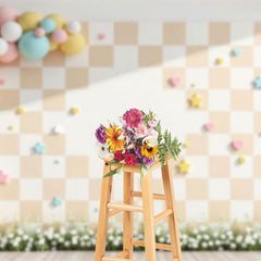 Aperturee - Aperturee Pastel Checkered Balloon Floral Cake Smash Backdrop
