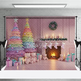 Aperturee - Aperturee Pastel Christmas Photography Backdrop with Rainbow Trees Pink Fireplace and Teddy Bears Whimsical Holiday Decor