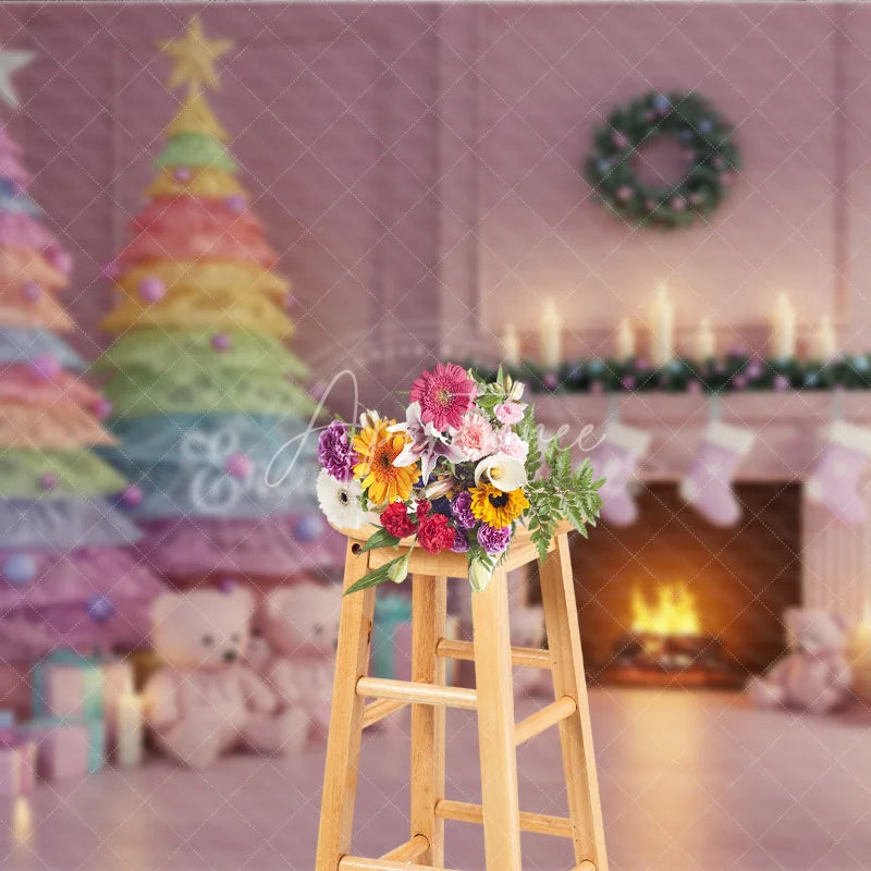 Aperturee - Aperturee Pastel Christmas Photography Backdrop with Rainbow Trees Pink Fireplace and Teddy Bears Whimsical Holiday Decor