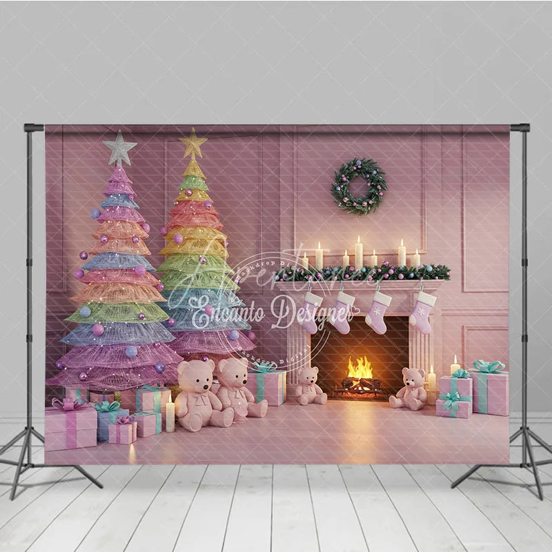 Aperturee - Aperturee Pastel Christmas Photography Backdrop with Rainbow Trees Pink Fireplace and Teddy Bears Whimsical Holiday Decor
