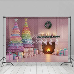 Aperturee - Aperturee Pastel Christmas Photography Backdrop with Rainbow Trees Pink Fireplace and Teddy Bears Whimsical Holiday Decor