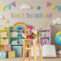 Aperturee - Aperturee Pastel Classroom Back To School Backdrop Bookshelves Globe Open Book Background Kindergarten Photography Prop