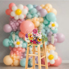 Aperturee - Aperturee Pastel Daisy Balloon Wall Photography Backdrop Groovy Floral Decor for First Birthday Cake Smash Photo Booth