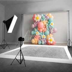 Aperturee - Aperturee Pastel Daisy Balloon Wall Photography Backdrop Groovy Floral Decor for First Birthday Cake Smash Photo Booth