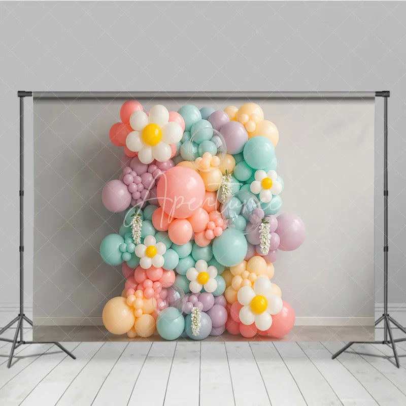 Aperturee - Aperturee Pastel Daisy Balloon Wall Photography Backdrop Groovy Floral Decor for First Birthday Cake Smash Photo Booth