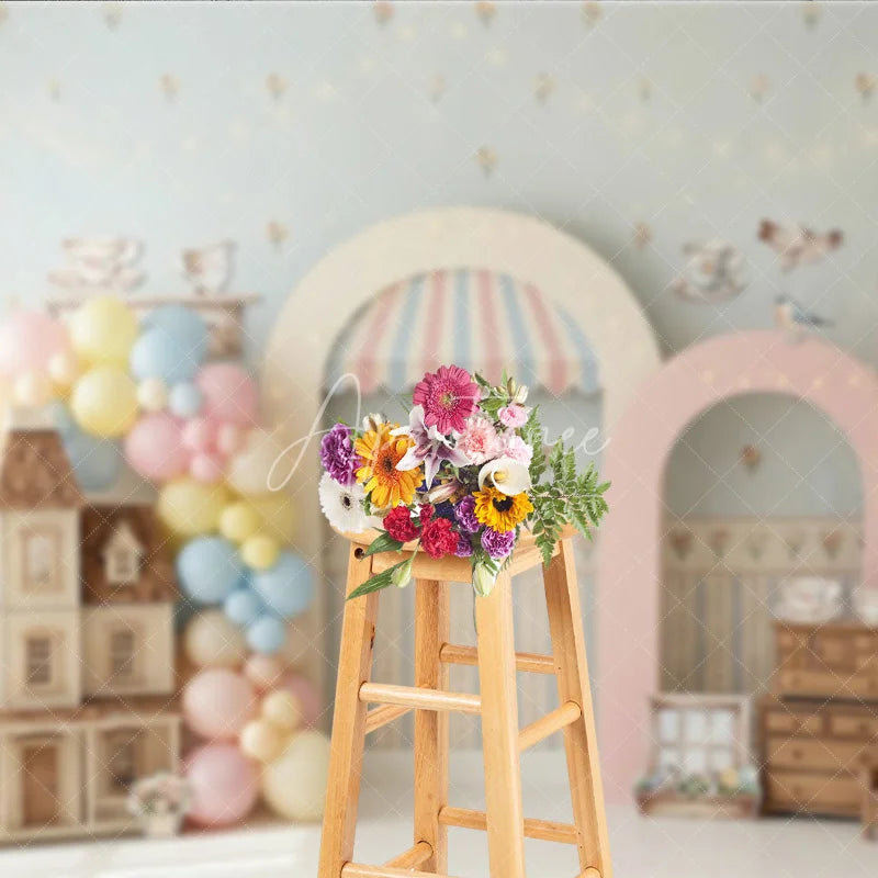 Aperturee - Aperturee Pastel Dollhouse and Tea Party Photography Backdrop Whimsical Floral Wallpaper Baby Shower Birthday Decor