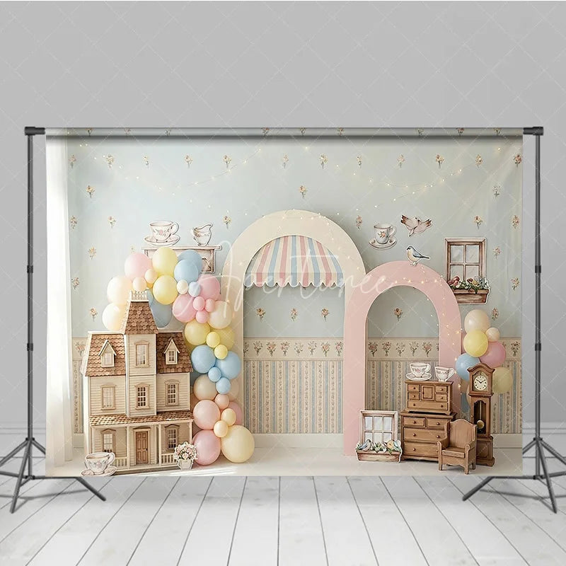 Aperturee - Aperturee Pastel Dollhouse and Tea Party Photography Backdrop Whimsical Floral Wallpaper Baby Shower Birthday Decor