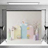 Aperturee - Aperturee Pastel Easter Backdrop Bunny on Cloud Hot Air Balloon Gift Box Photography Background Spring Party Decoration
