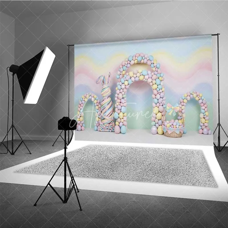 Aperturee - Aperturee Pastel Easter Backdrop Colorful Egg Arches Abstract Bunny Ribbon Photography Background Baby Shower Decoration