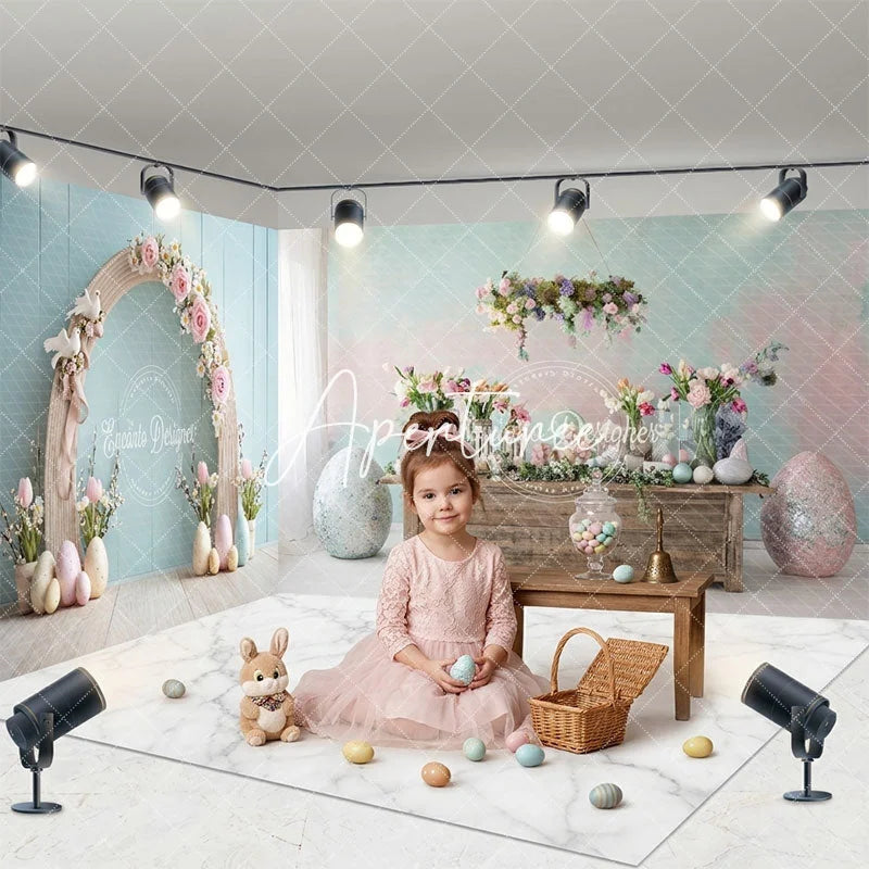 Aperturee - Aperturee Pastel Easter Floral Arch Room Set Backdrop Spring Eggs and Flowers Celebration Photo Studio Background