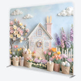 Aperturee - Aperturee Pastel Easter House and Spring Flowers Square Double-Sided Backdrop Whimsical Blossoming Tree and Decorative Eggs