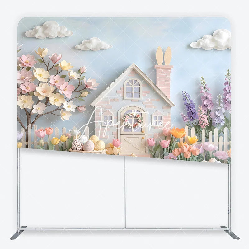 Aperturee - Aperturee Pastel Easter House and Spring Flowers Square Double-Sided Backdrop Whimsical Blossoming Tree and Decorative Eggs