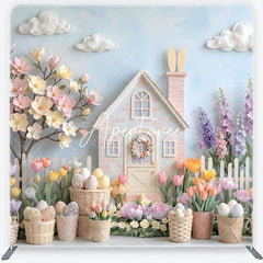 Aperturee - Aperturee Pastel Easter House and Spring Flowers Square Double-Sided Backdrop Whimsical Blossoming Tree and Decorative Eggs