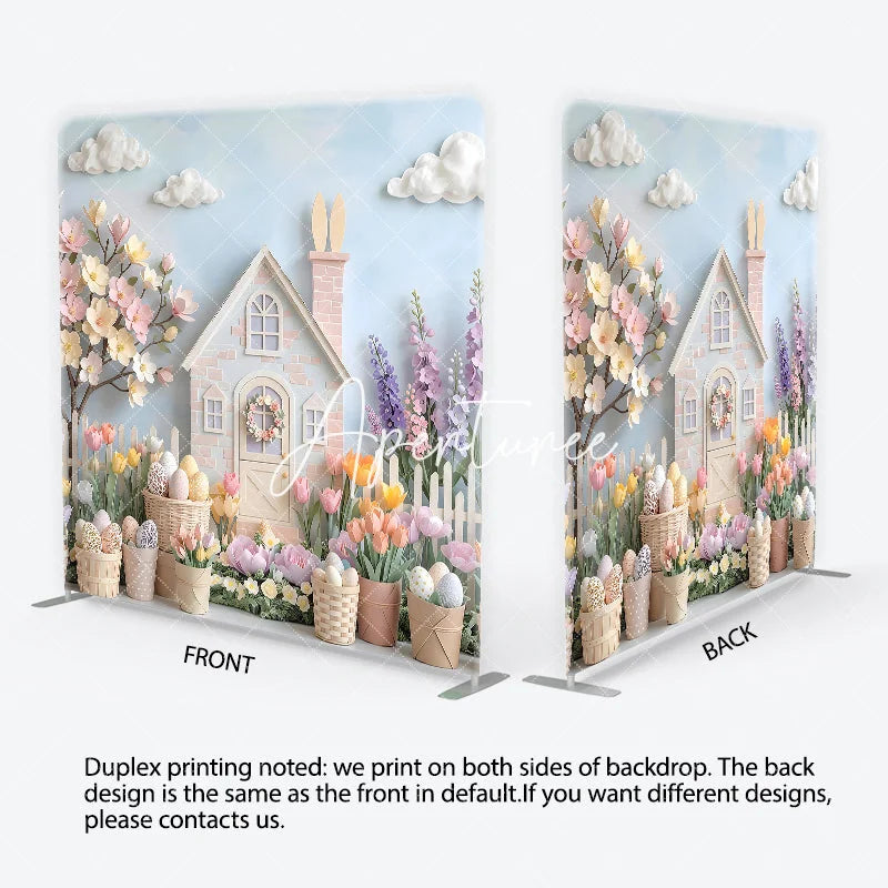 Aperturee - Aperturee Pastel Easter House and Spring Flowers Square Double-Sided Backdrop Whimsical Blossoming Tree and Decorative Eggs