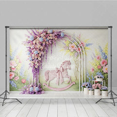 Aperturee - Aperturee Pastel Floral Arch and Pink Rocking Horse Photography Backdrop Whimsical Garden Baby Shower Birthday Party Decor