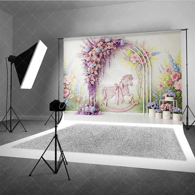 Aperturee - Aperturee Pastel Floral Arch and Pink Rocking Horse Photography Backdrop Whimsical Garden Baby Shower Birthday Party Decor