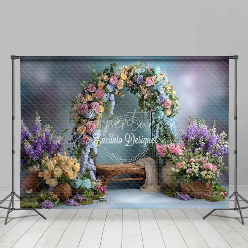 Aperturee - Aperturee Pastel Floral Arch Photography Backdrop Pink Blue and Yellow Roses Spring Garden Wedding Photo Background
