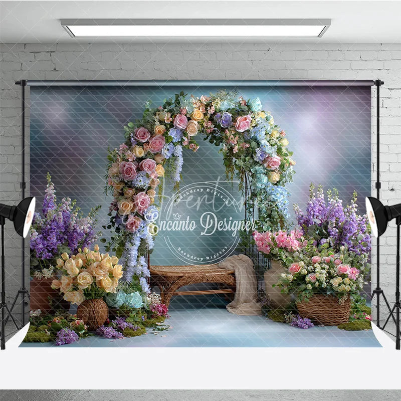 Aperturee - Aperturee Pastel Floral Arch Photography Backdrop Pink Blue and Yellow Roses Spring Garden Wedding Photo Background