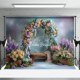 Aperturee - Aperturee Pastel Floral Arch Photography Backdrop Pink Blue and Yellow Roses Spring Garden Wedding Photo Background
