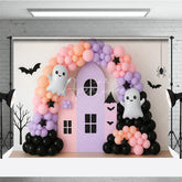 Aperturee - Aperturee Pastel Halloween Balloon Arch Photography Backdrop Cute Ghost with Pink and Purple Haunted House Girly Spooky Party