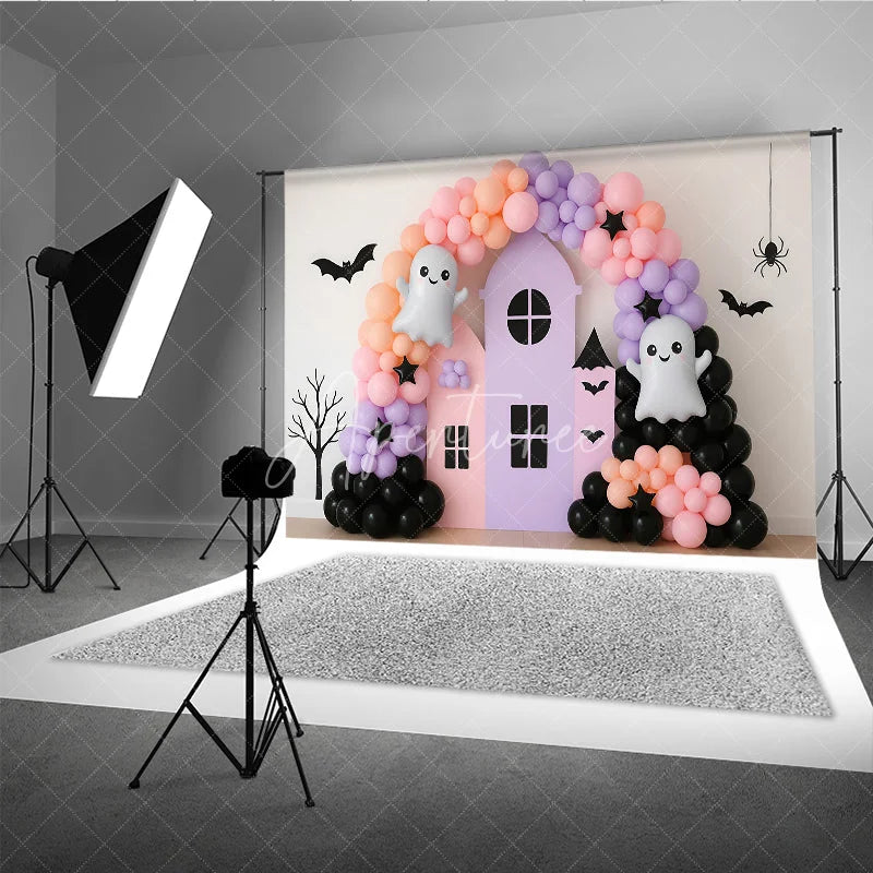 Aperturee - Aperturee Pastel Halloween Balloon Arch Photography Backdrop Cute Ghost with Pink and Purple Haunted House Girly Spooky Party
