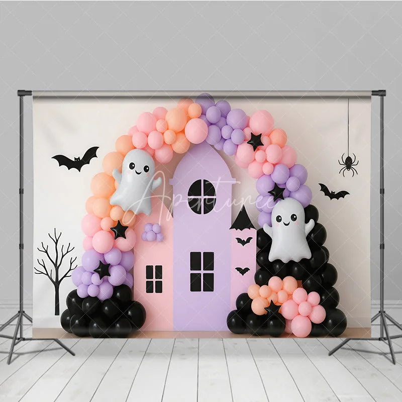 Aperturee - Aperturee Pastel Halloween Balloon Arch Photography Backdrop Cute Ghost with Pink and Purple Haunted House Girly Spooky Party