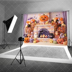 Aperturee - Aperturee Pastel Halloween Photography Backdrop with Cute Pumpkins Ghosts and Bats on a Fireplace Mantel perfect for Kids
