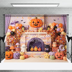 Aperturee - Aperturee Pastel Halloween Photography Backdrop with Cute Pumpkins Ghosts and Bats on a Fireplace Mantel perfect for Kids