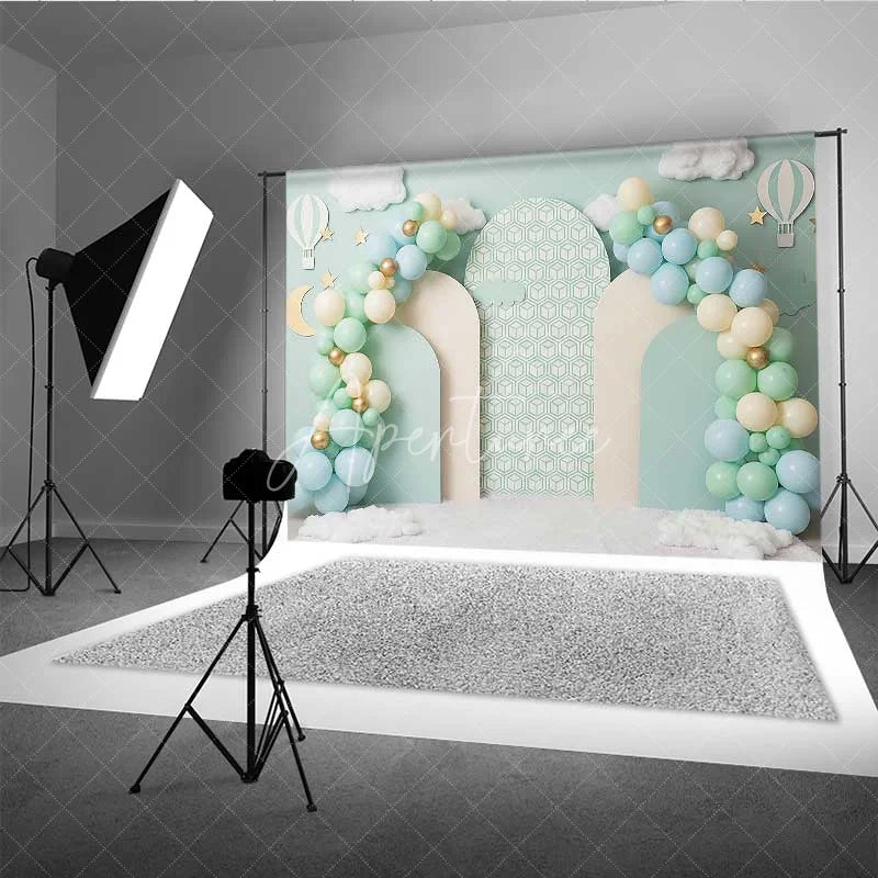 Aperturee - Aperturee Pastel Hot Air Balloon Photography Backdrop Mint Green Clouds Party Banner