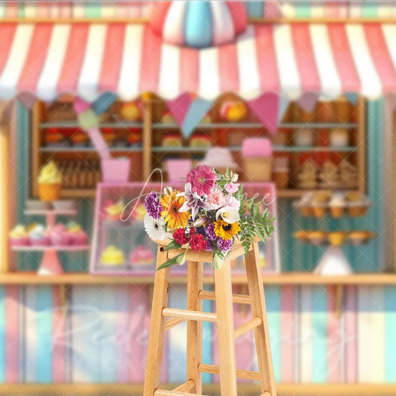 Aperturee - Aperturee Pastel Ice Cream Stand Cake Smash Backdrop Sweet Cupcakes and Candy Shop Photography Studio Background