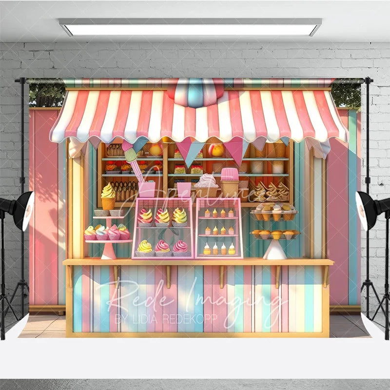 Aperturee - Aperturee Pastel Ice Cream Stand Cake Smash Backdrop Sweet Cupcakes and Candy Shop Photography Studio Background