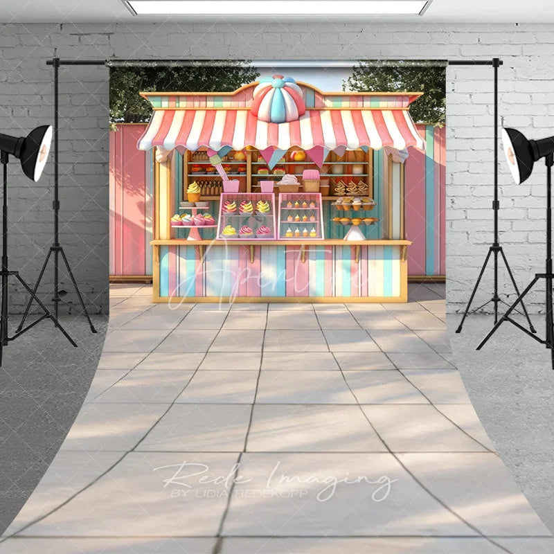 Aperturee - Aperturee Pastel Ice Cream Stand Cake Smash Backdrop Sweet Cupcakes and Candy Shop Sweep Portrait Studio Background