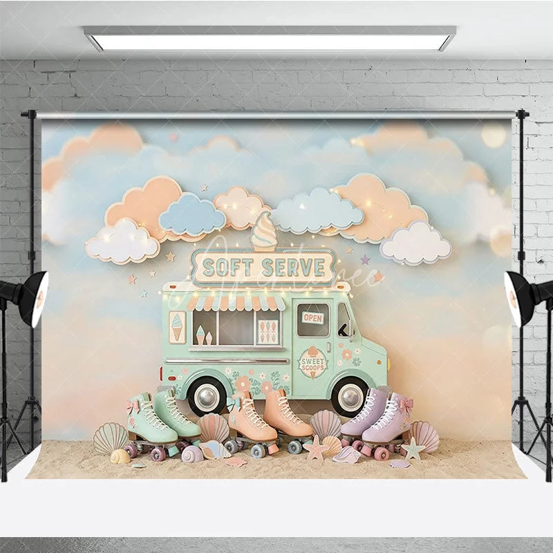 Aperturee - Aperturee Pastel Ice Cream Truck and Roller Skates Photography Backdrop Whimsical Soft Serve Summer Party Decor