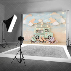 Aperturee - Aperturee Pastel Ice Cream Truck and Roller Skates Photography Backdrop Whimsical Soft Serve Summer Party Decor