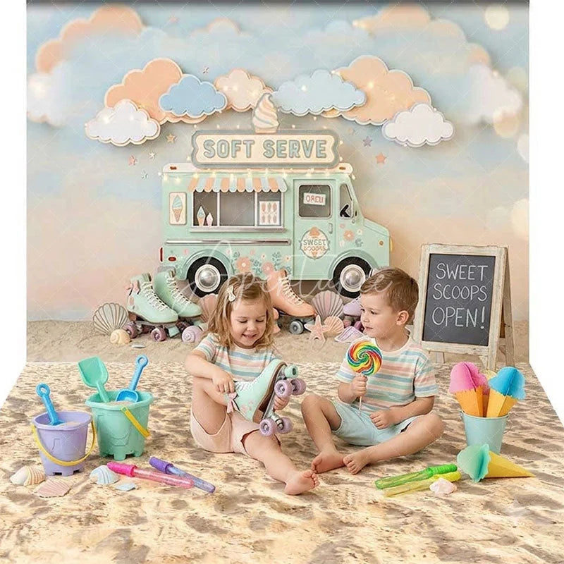 Aperturee - Aperturee Pastel Ice Cream Truck Soft Serve Combo Set Backdrop with Roller Skates Dreamy Clouds and Beach Sand for Summer Party