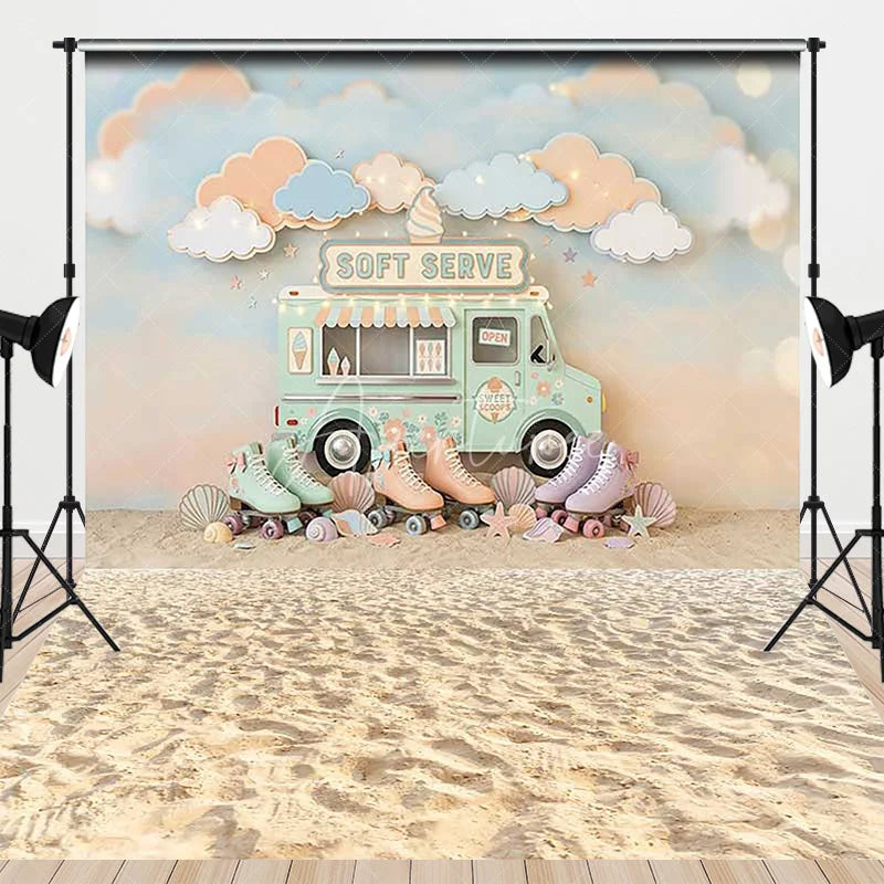 Aperturee - Aperturee Pastel Ice Cream Truck Soft Serve Combo Set Backdrop with Roller Skates Dreamy Clouds and Beach Sand for Summer Party