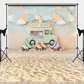 Aperturee - Aperturee Pastel Ice Cream Truck Soft Serve Combo Set Backdrop with Roller Skates Dreamy Clouds and Beach Sand for Summer Party